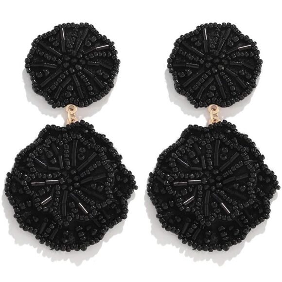 BijouStudios Earrings Jewelry - Black Beaded Double Flower Boho Dangling Drop Statement Post Back Earrings